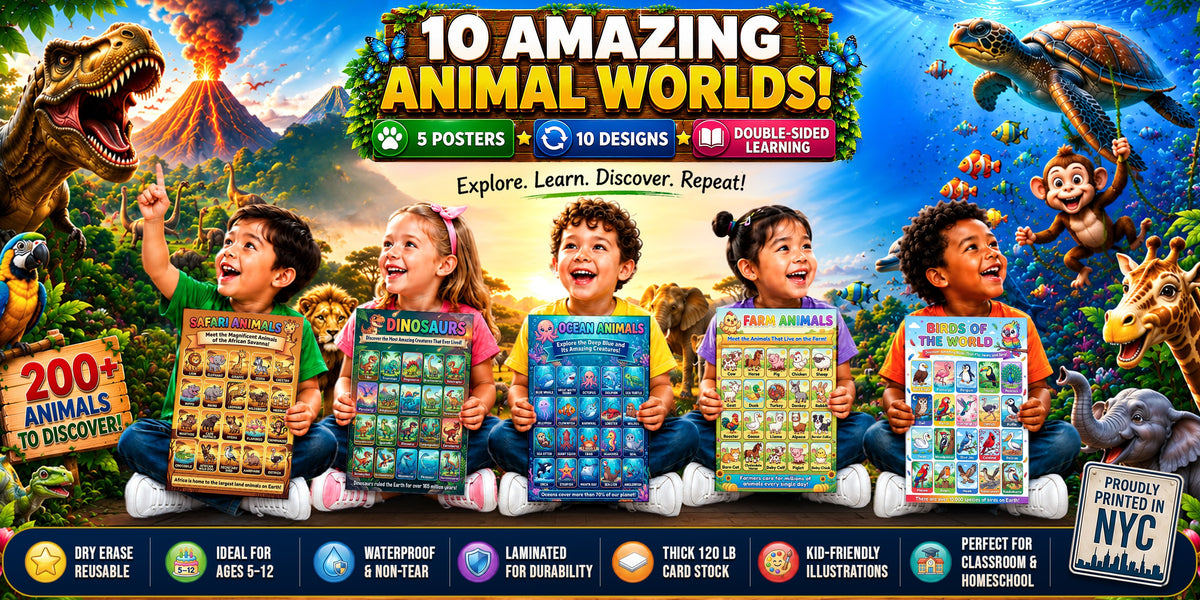 Children holding all five animal posters, with badges for dry erase, waterproof, laminated and double-sided learning