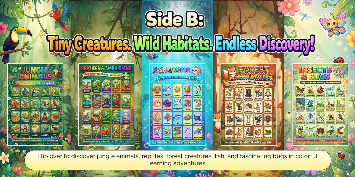 Five more animal posters on the reverse side: jungle animals, reptiles and amphibians, fish of the world, forest animals, and insects and bugs