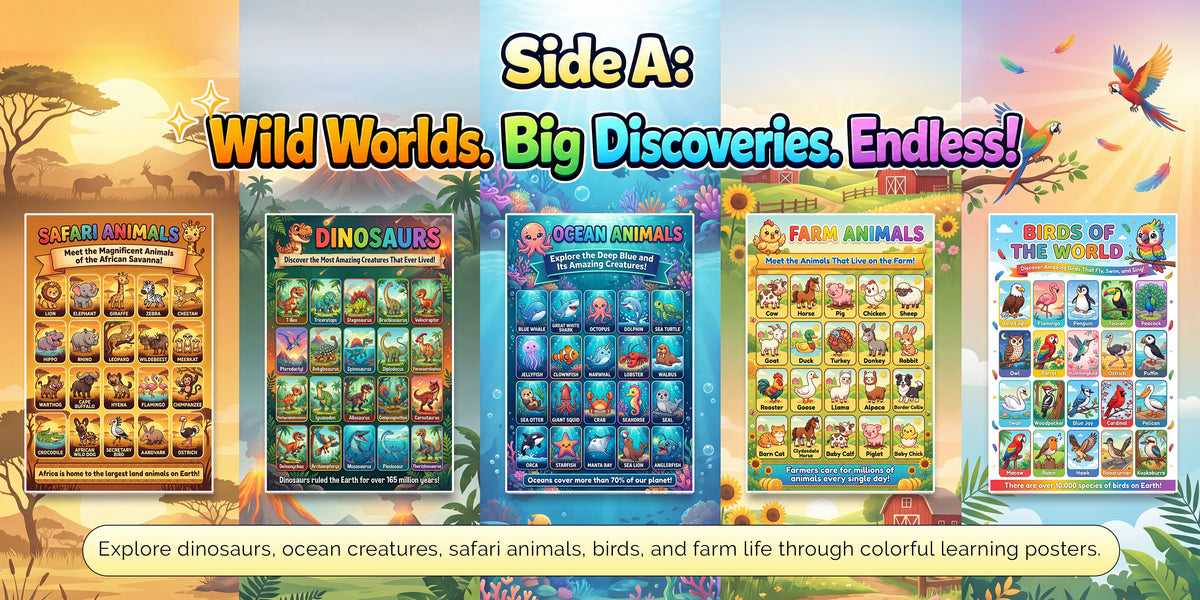 Five animal learning posters side by side: safari animals, dinosaurs, ocean animals, farm animals and birds of the world
