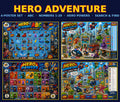 Four laminated superhero learning posters with QR codes for audio lessons, covering letters, numbers, powers, and