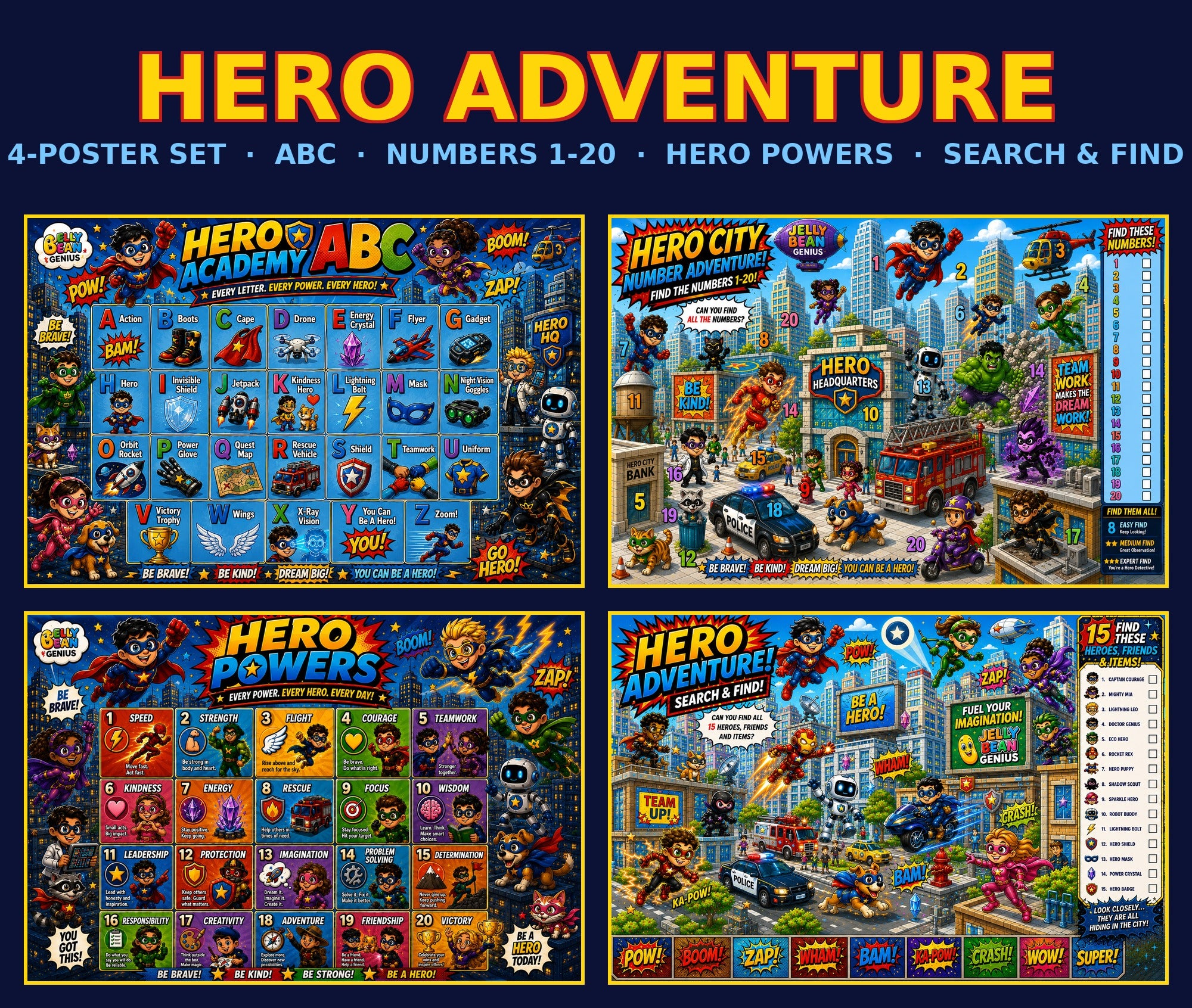 Four laminated superhero learning posters with QR codes for audio lessons, covering letters, numbers, powers, and