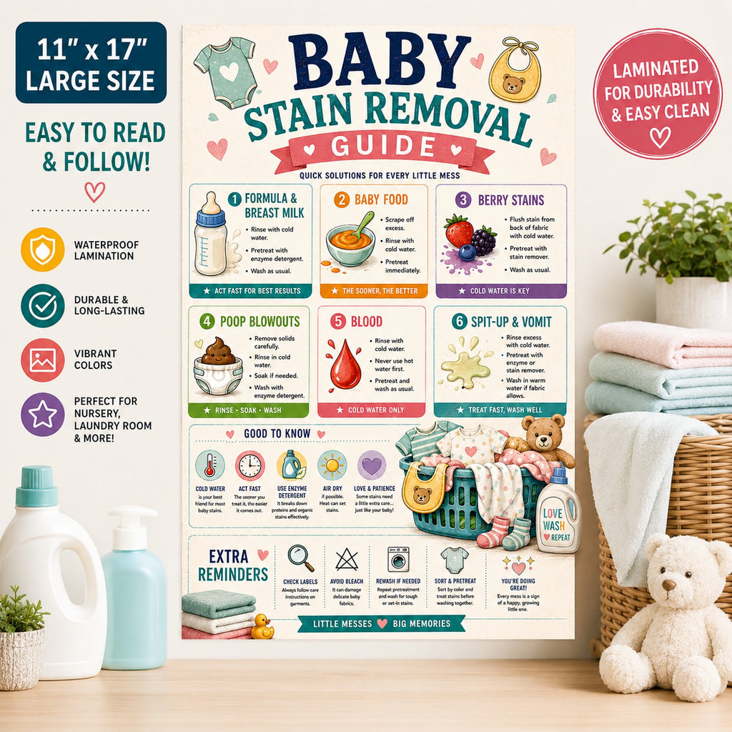 Four laminated baby care posters with QR codes for narrated audio lessons, covering feeding, safety, care tips, and stain — view 8