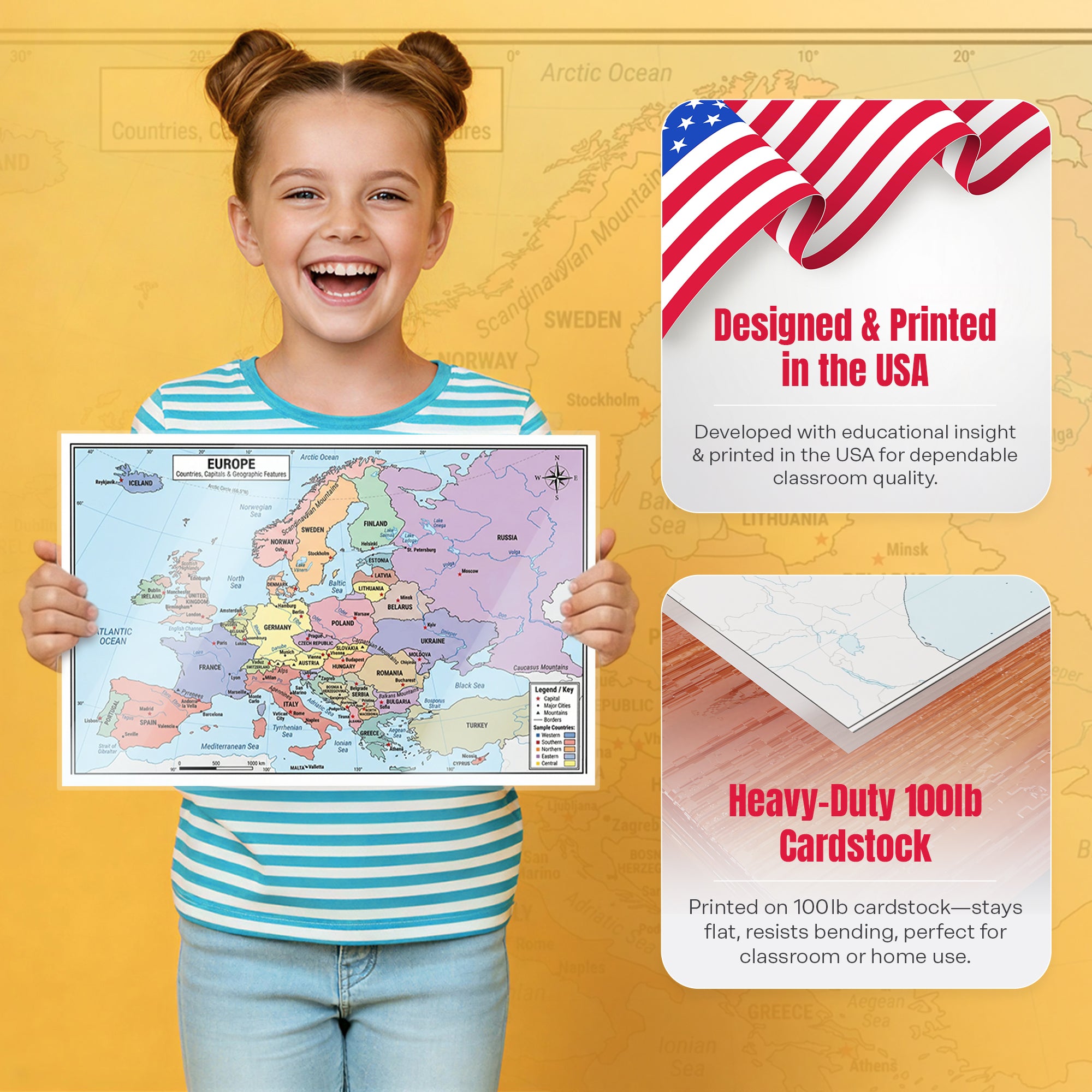 Europe Map | 11×17 Laminated Dry Erase Study Map (Double-Sided) | Geography Learning Chart for Kids