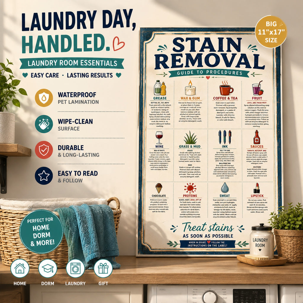 Three laminated laundry posters showing routine, care symbols, and stain removal guide with QR codes — view 6