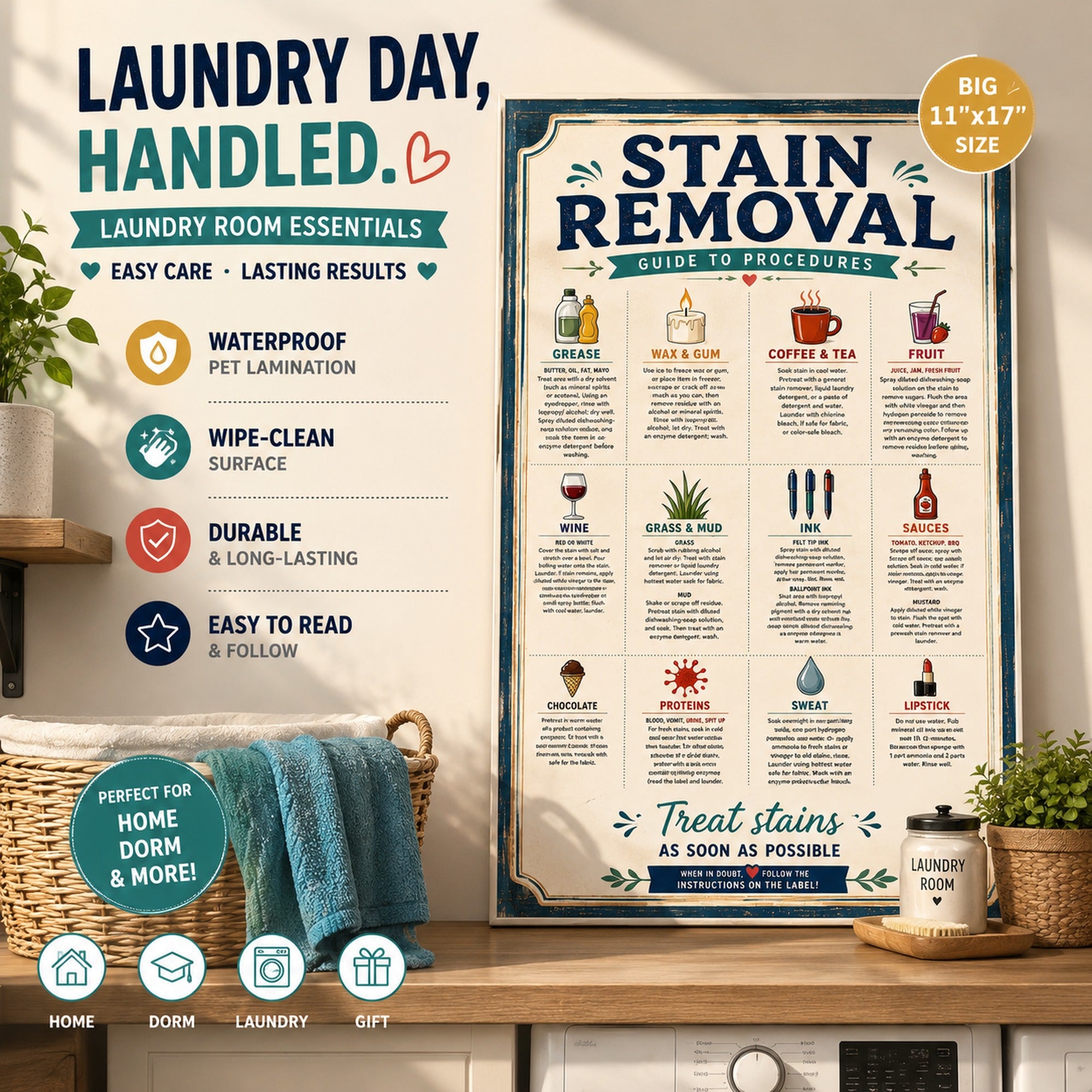 Three laminated laundry posters showing routine, care symbols, and stain removal guide with QR codes — view 6