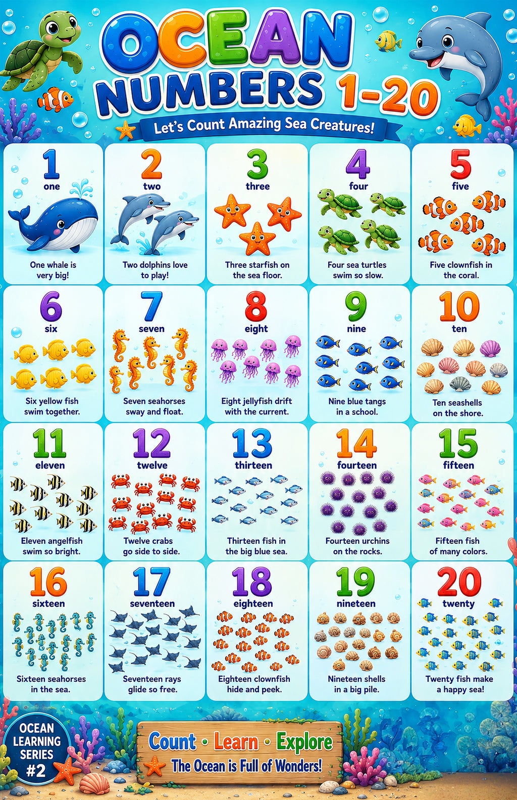 Four laminated ocean learning posters for ABCs, colors, first words, and numbers with QR audio lessons — view 6