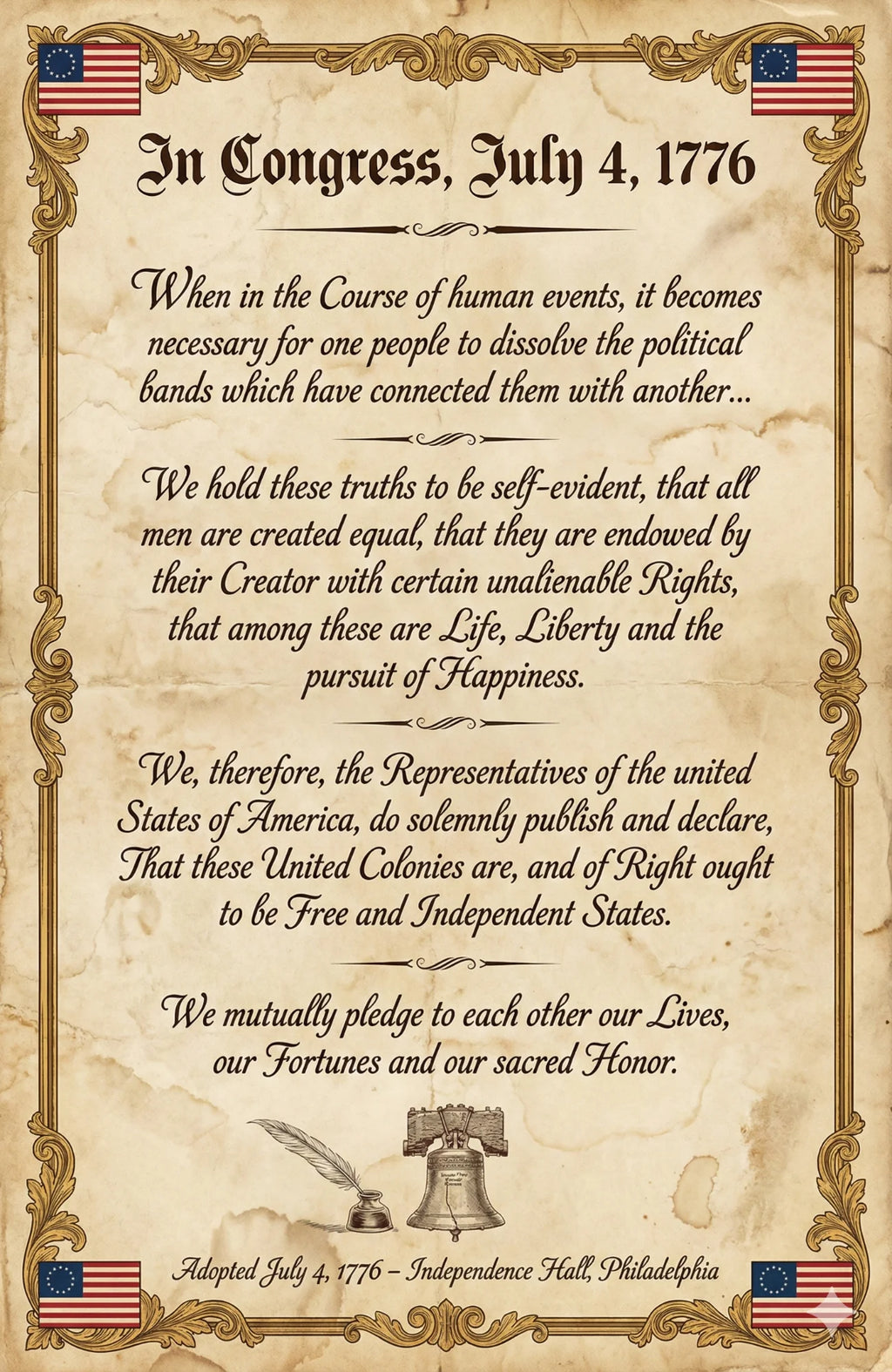 Laminated Declaration of Independence poster with historical text, patriotic design, and QR code for audio lessons.