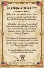 Laminated Declaration of Independence poster with historical text, patriotic design, and QR code for audio lessons.