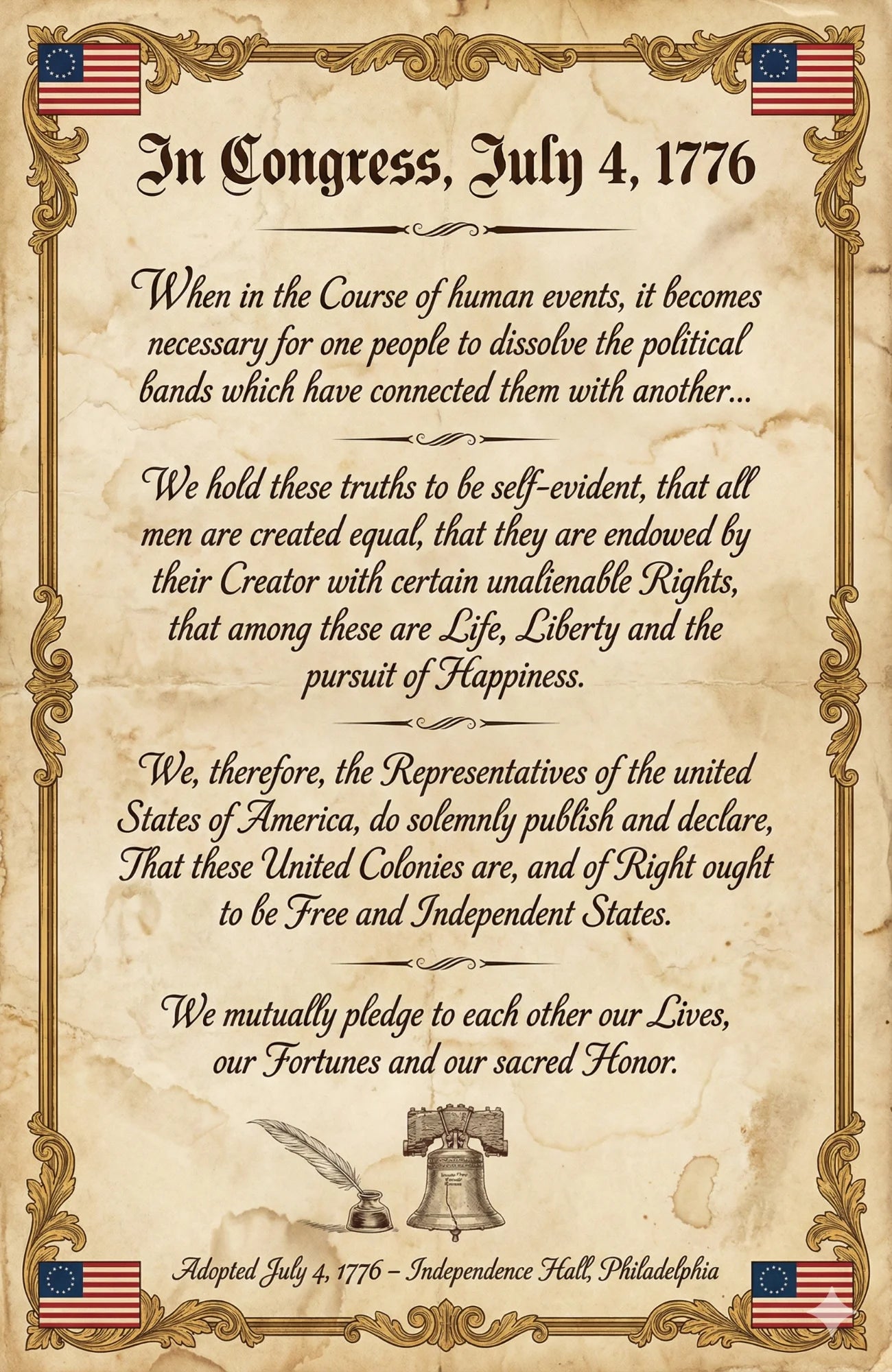 Laminated Declaration of Independence poster with historical text, patriotic design, and QR code for audio lessons.