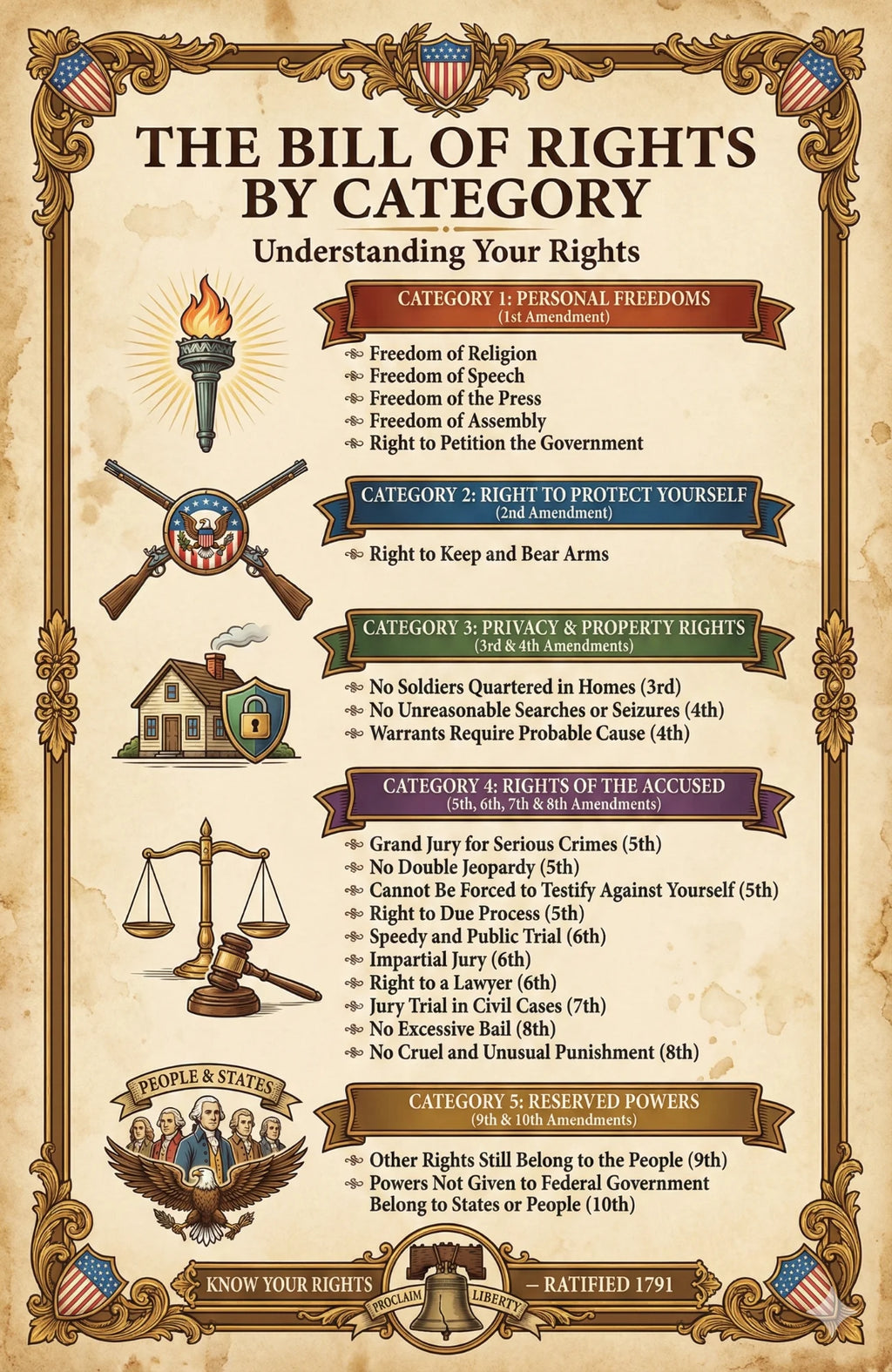 Bill of Rights poster with the first 10 amendments, a motto, and a clean educational layout
