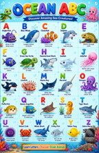Four laminated ocean learning posters for ABCs, colors, first words, and numbers with QR audio lessons — view 3
