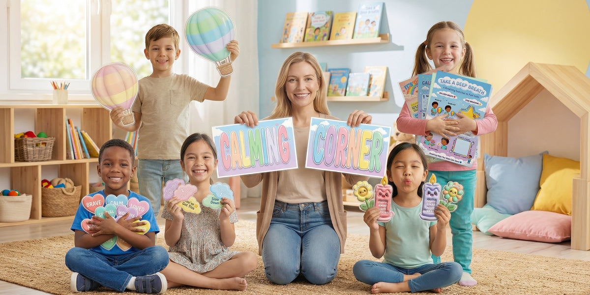 Teacher and five children in a classroom calming corner holding Jelly Bean Genius posters