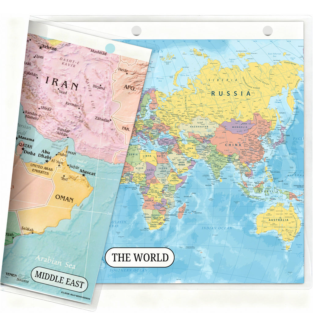 World Map & Middle East Map Reference Binder Insert (Double-Sided) | Geography Learning Chart for Kids