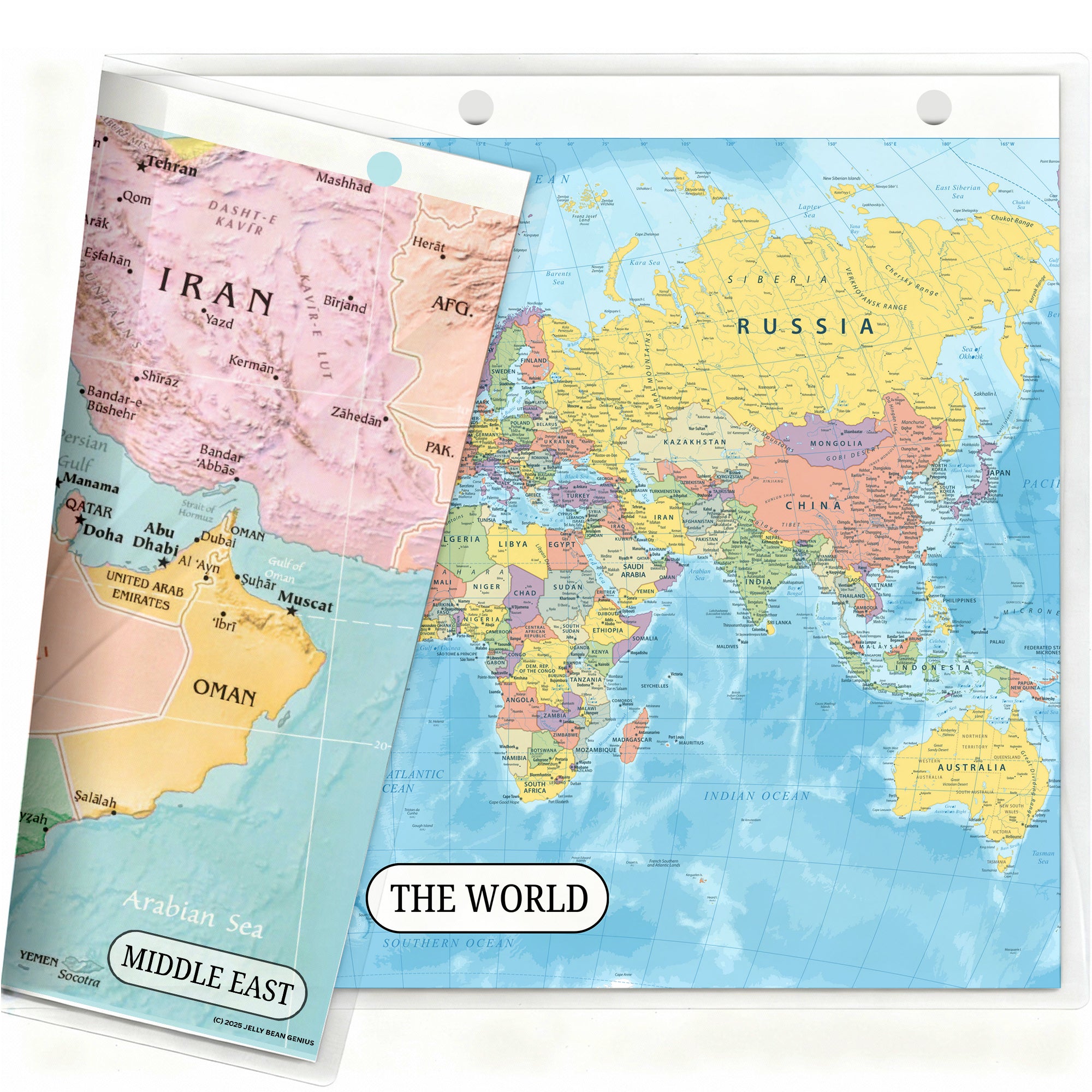 World Map & Middle East Map Reference Binder Insert (Double-Sided) | Geography Learning Chart for Kids