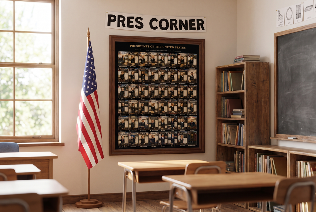 Set of laminated U.S. presidents binder posters with QR codes for narrated audio lessons