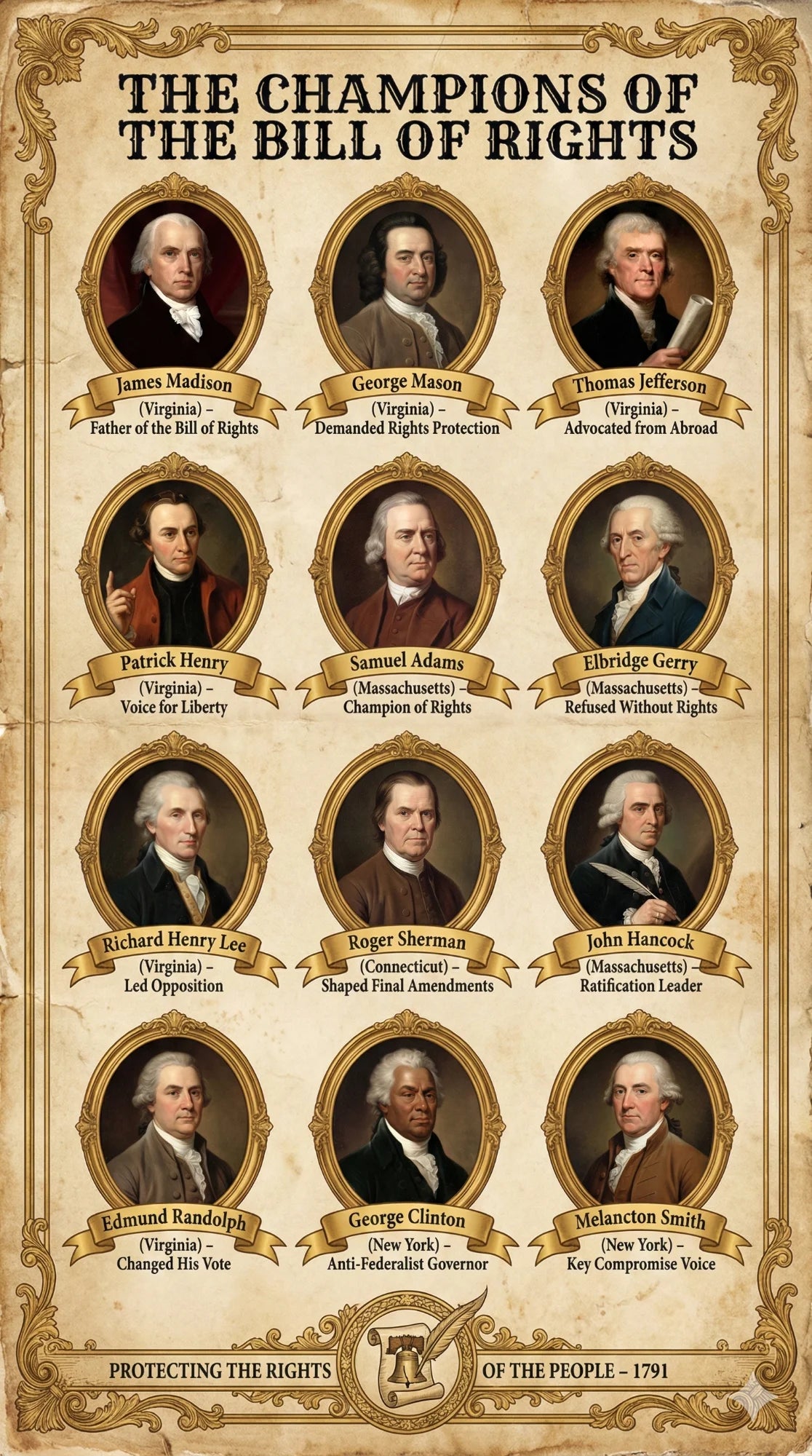 Laminated Bill of Rights poster with text, icons, and a QR code for audio lessons.