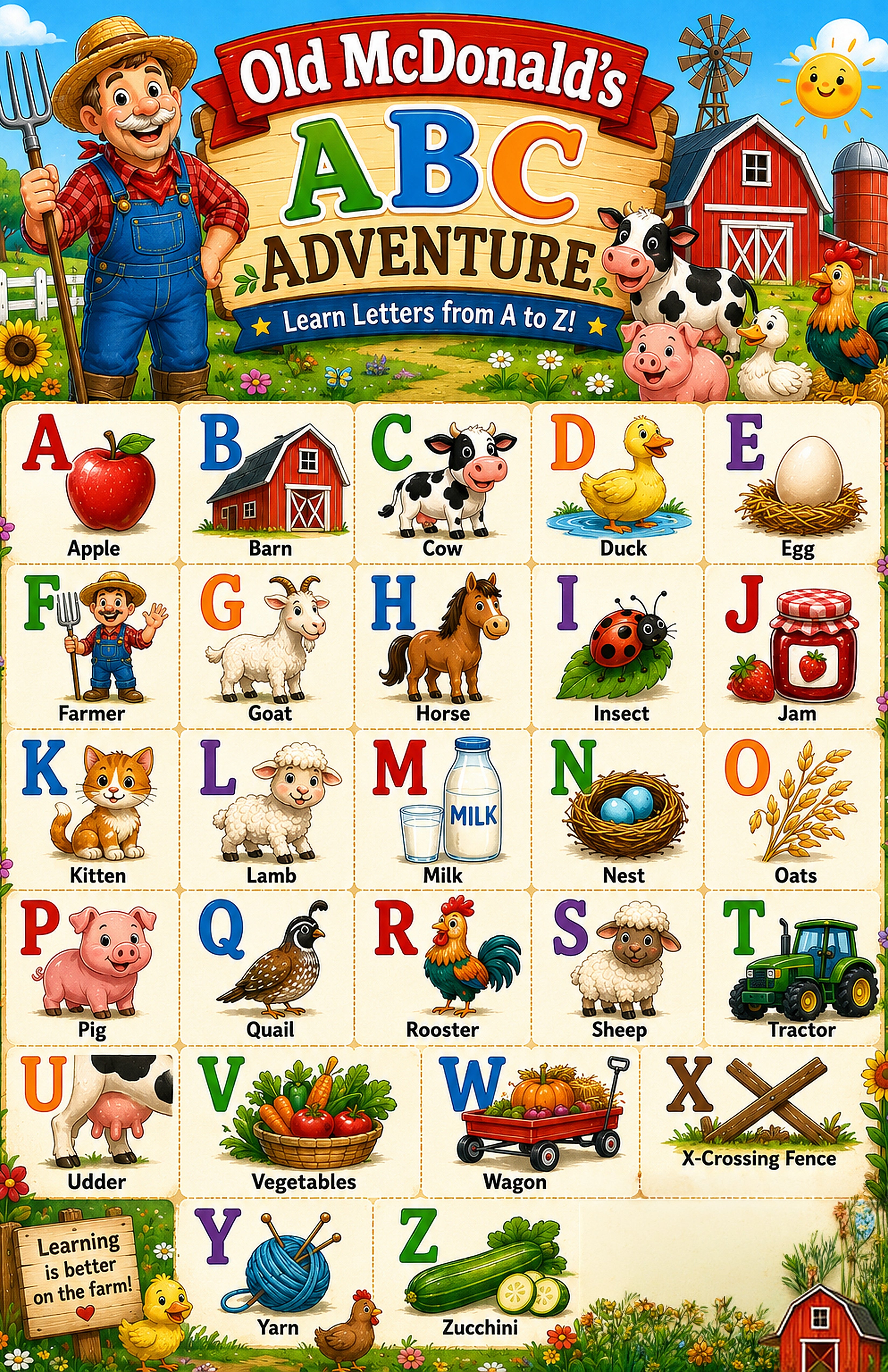 Four laminated educational posters for kids: farm alphabet, farm colors, farm words, numbers 1-20, and ocean ABC — view 3
