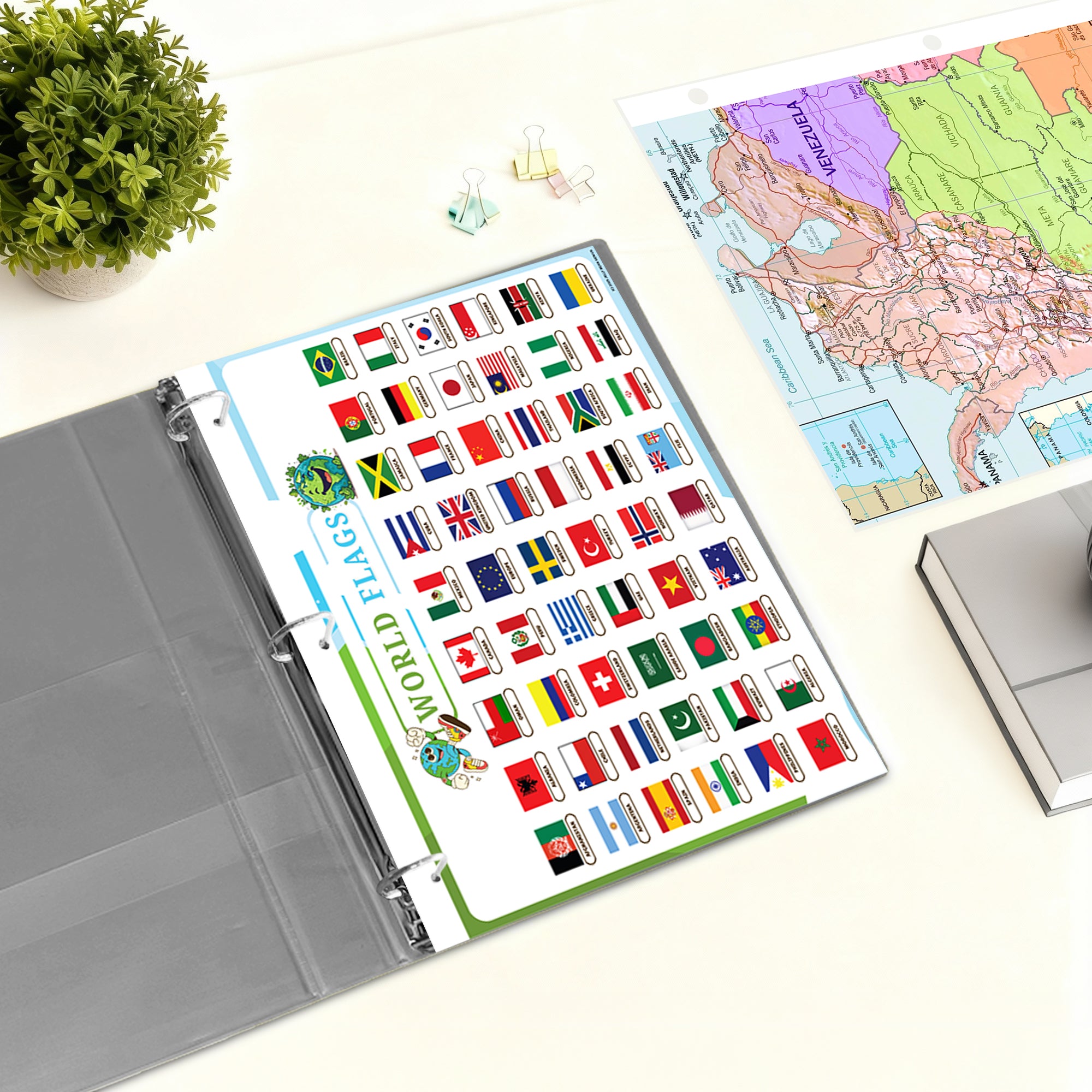 World Map & World Flags Reference Binder Insert (Double-Sided) | Geography Learning Chart for Kids