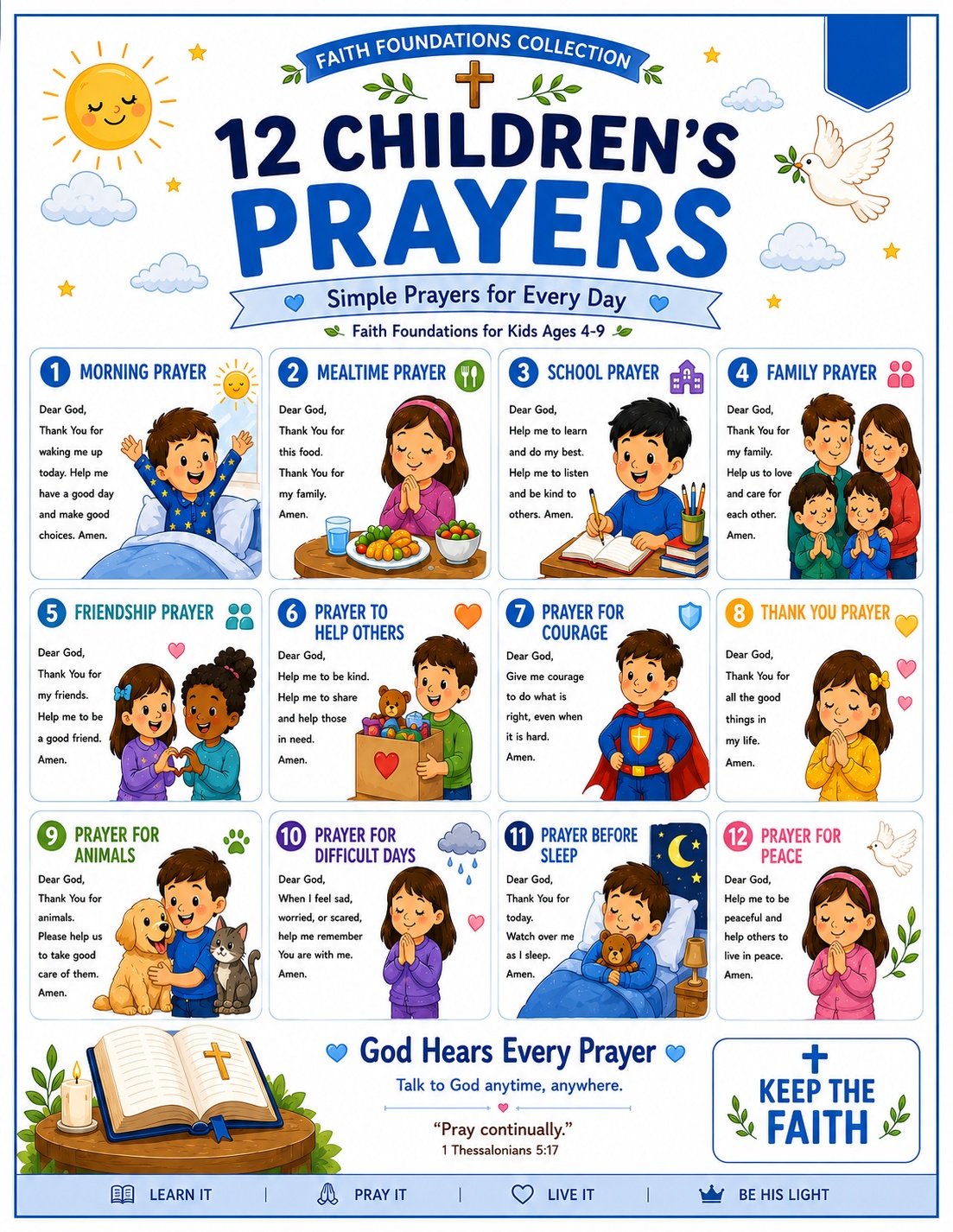 Five laminated faith posters with QR codes for narrated audio lessons: prayers, Bible heroes, Bible stories, values, and — view 4