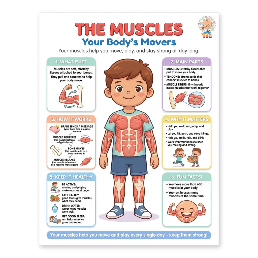 Colorful human body poster showing labeled body parts for kids