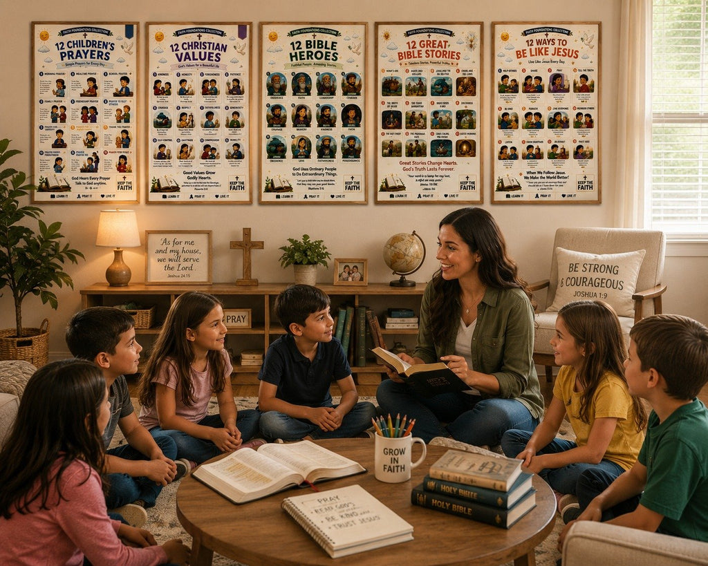 Five laminated faith posters with QR codes for narrated audio lessons: prayers, Bible heroes, Bible stories, values, and — view 3