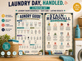 Two laminated laundry posters showing care symbols and a stain removal guide with QR codes for audio lessons.