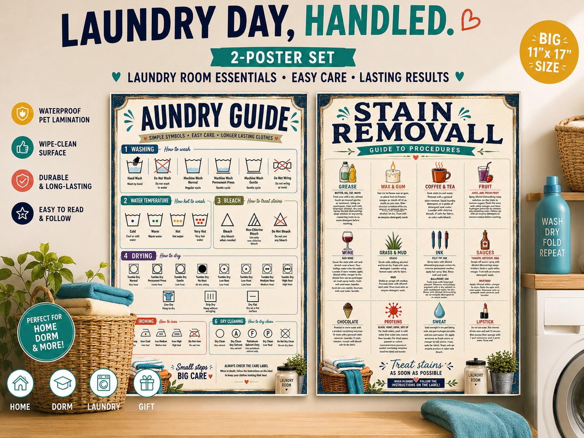 Two laminated laundry posters showing care symbols and a stain removal guide with QR codes for audio lessons.