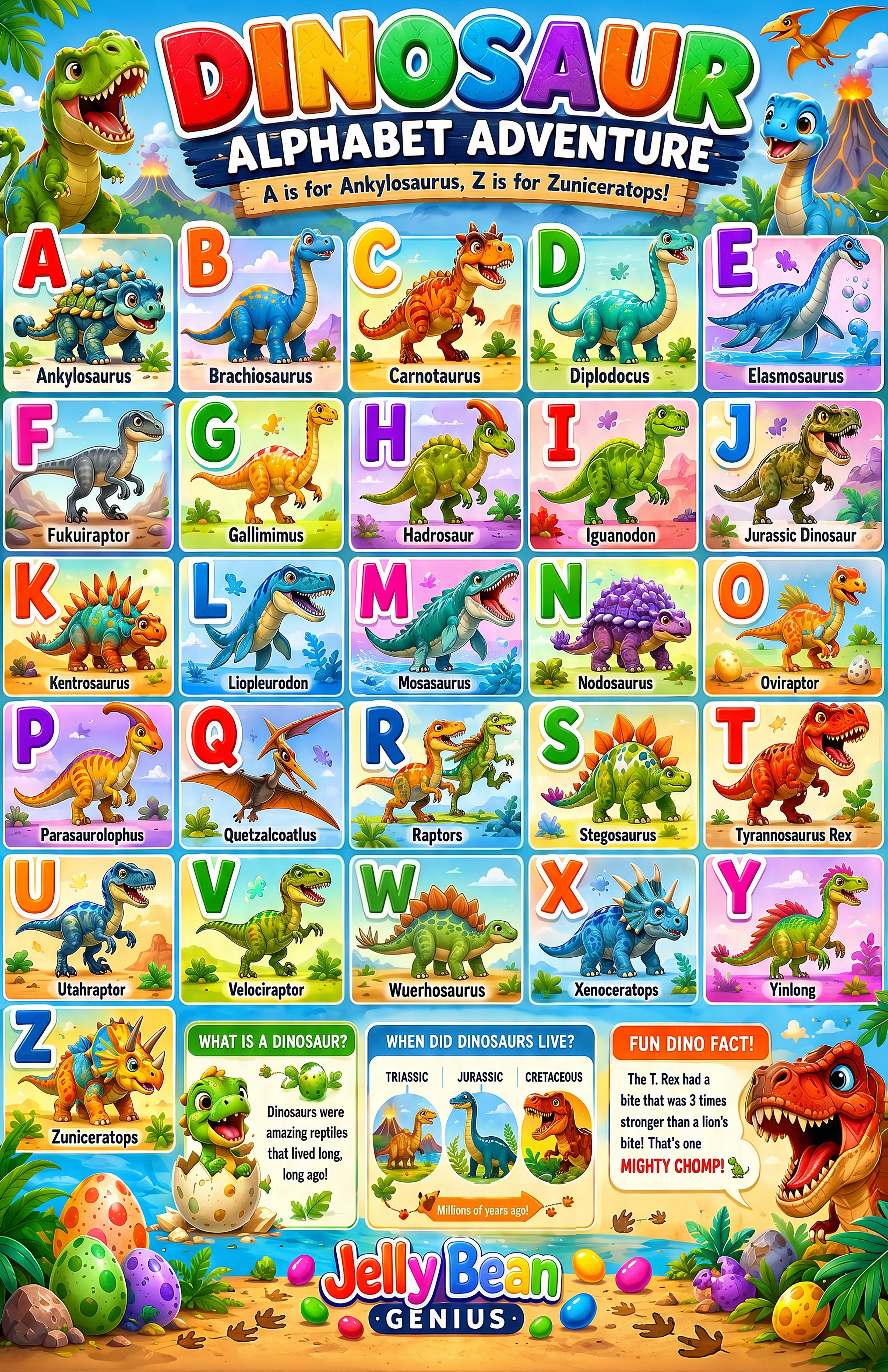 Laminated dinosaur learning poster with colorful activities, facts, and a QR code for audio lessons.
