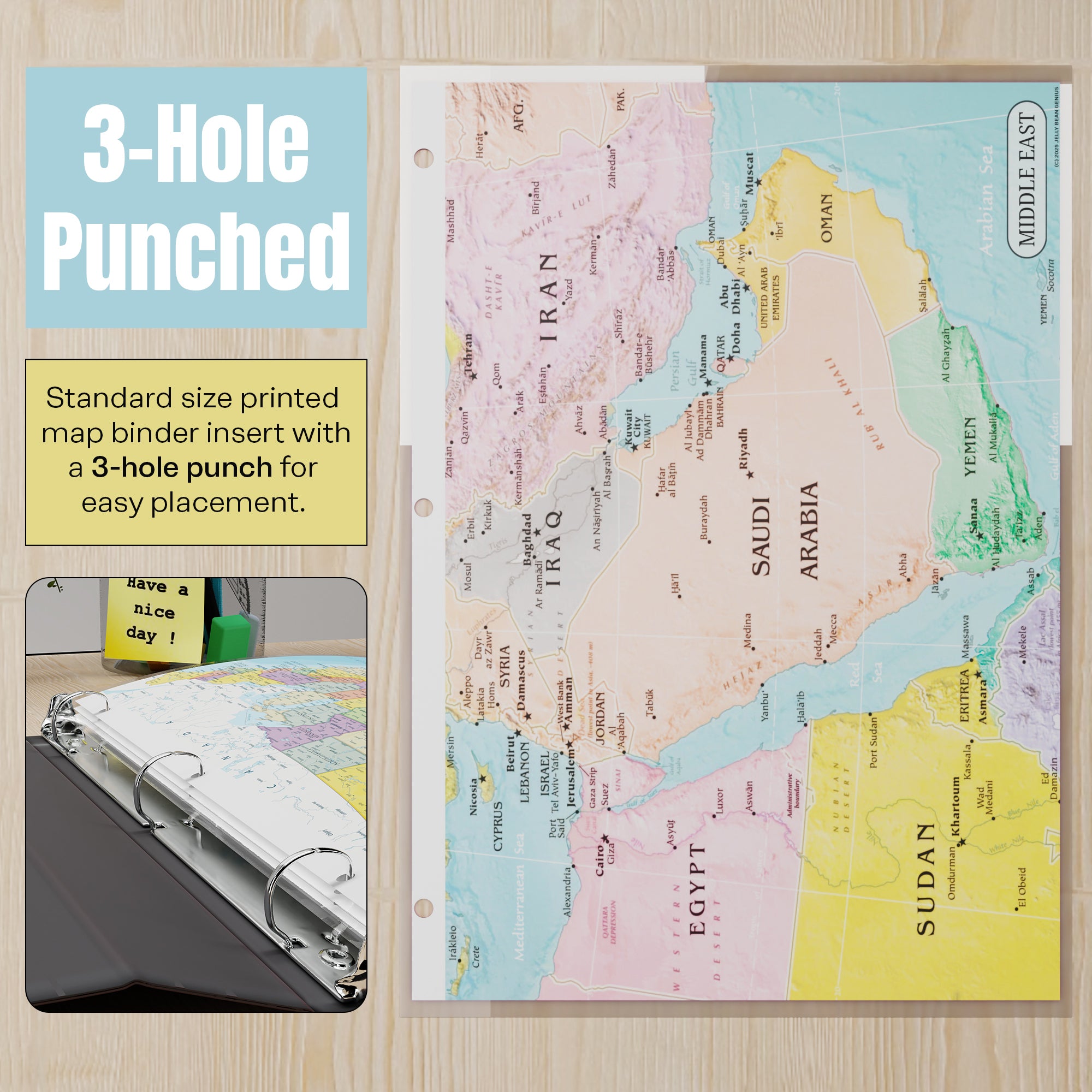 World Map & Middle East Map Reference Binder Insert (Double-Sided) | Geography Learning Chart for Kids