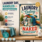 Three laminated laundry posters showing routine, care symbols, and stain removal guide with QR codes — view 4