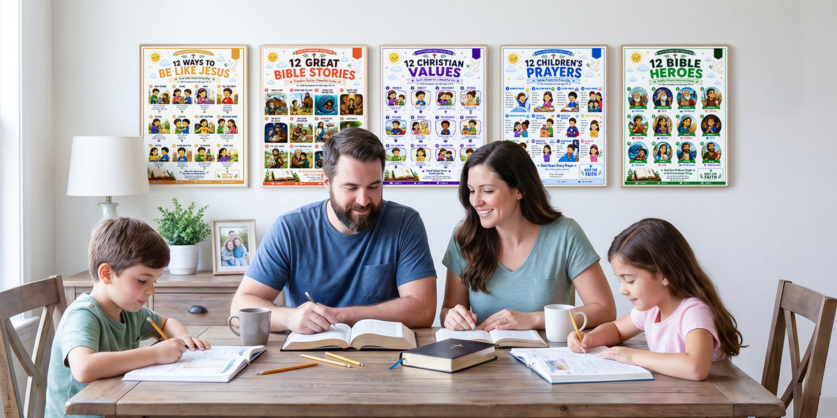 A family reading and writing together at a dining table beneath five Jelly Bean Genius Bible learning posters