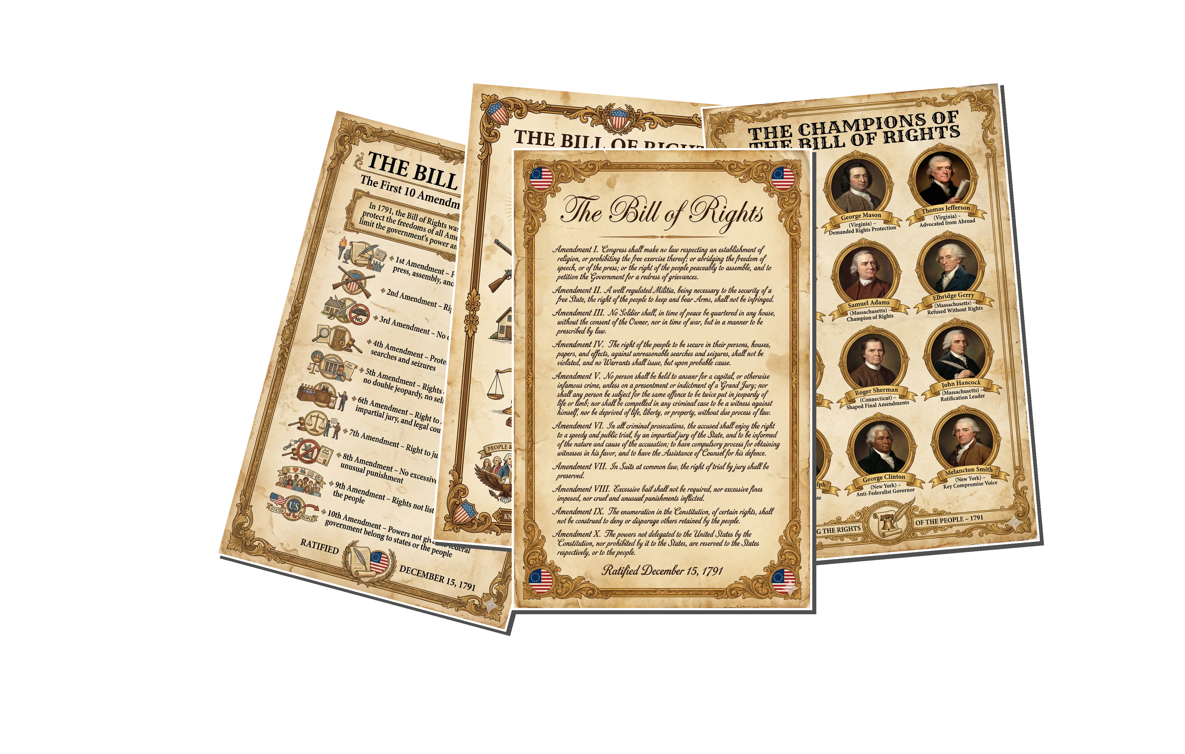 Twelve laminated civics posters covering the Bill of Rights, Constitution, Declaration of Independence, and related topics
