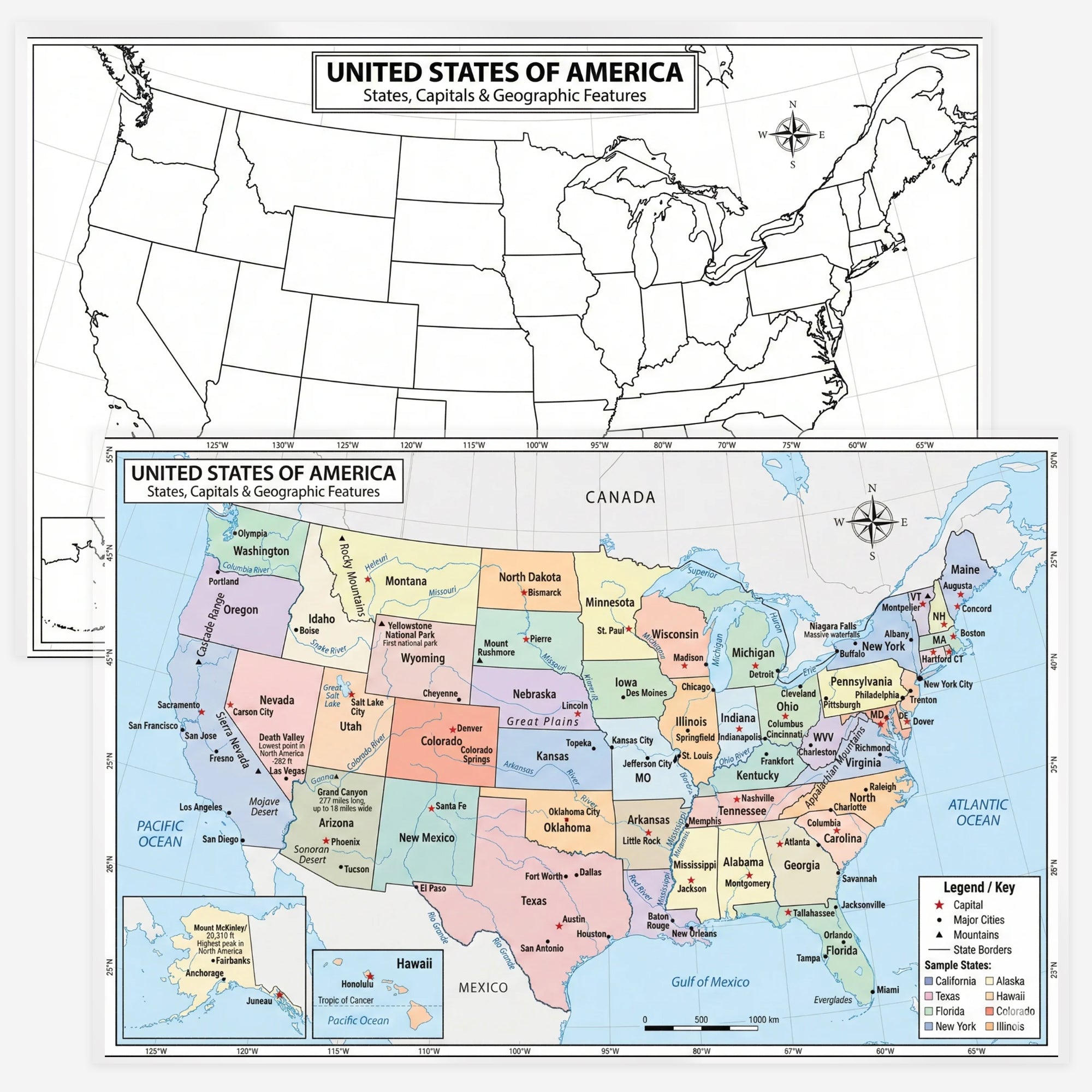 Map of the United States of America with states, capitals, and geographic features labeled.