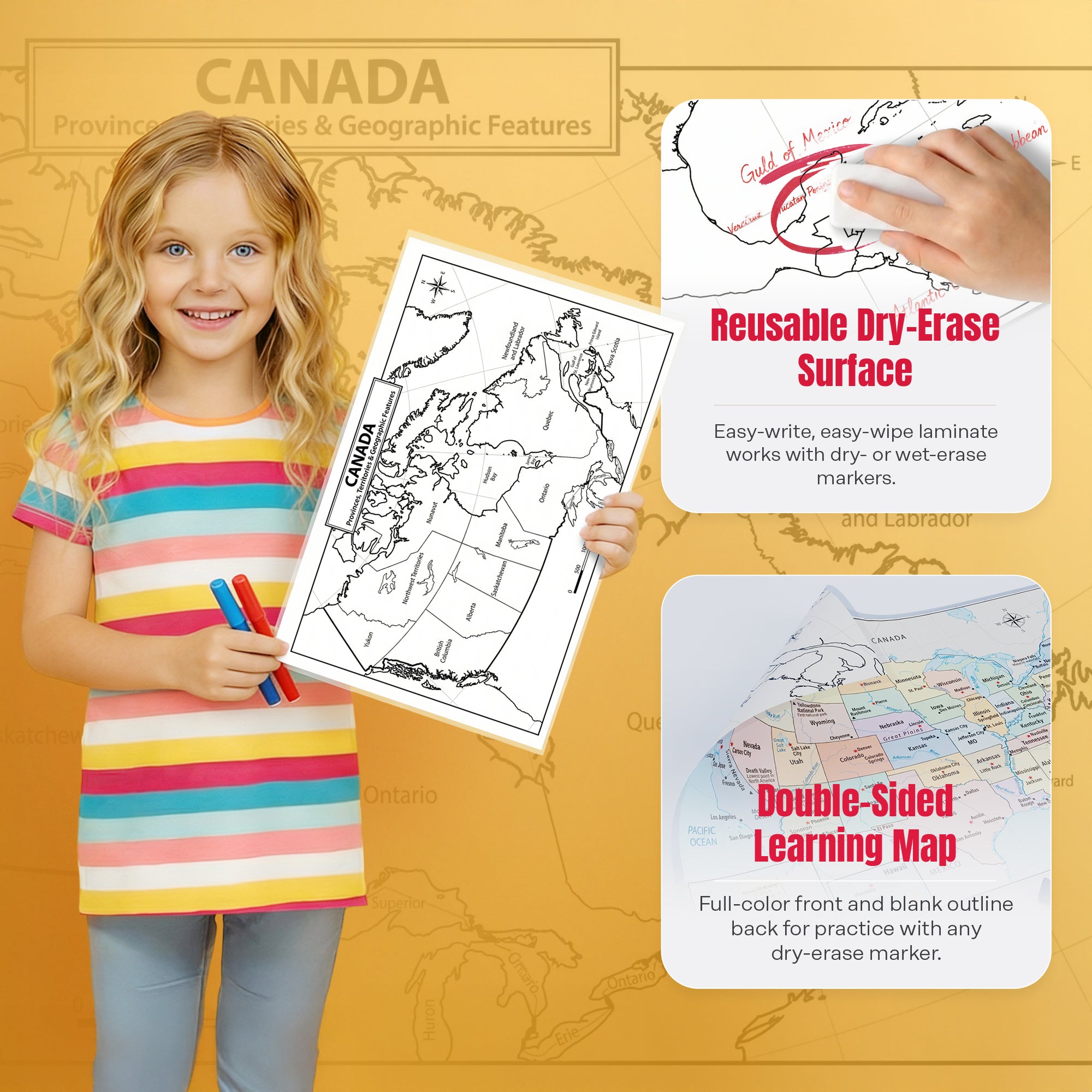 Canada Map | 11×17 Laminated Dry Erase Study Map (Double-Sided) | Geography Learning Chart for Kids