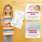 Child holding a map with educational materials on a yellow background