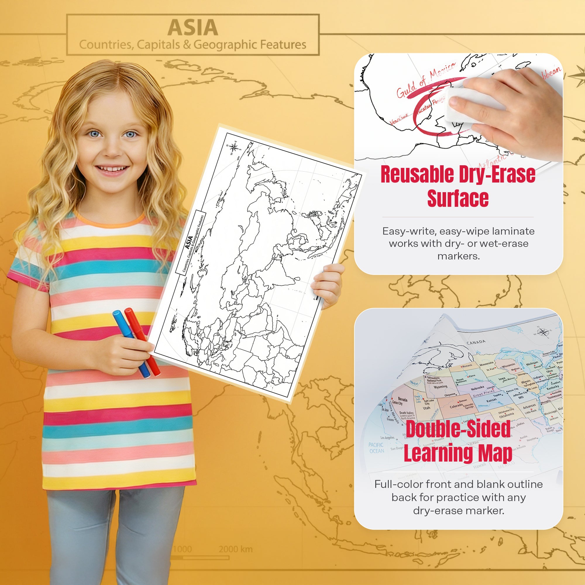 Child holding a map with educational materials on a yellow background