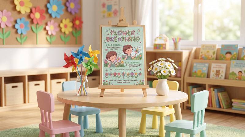 A pre-K classroom table with the Flower Breathing poster, a jar of pinwheels and a vase of daisies for practicing flower breathing.