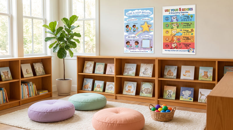 A quiet reading nook in a school library, with the Take a Deep Breath and Use Your 5 Senses posters above low shelves and floor cushions.