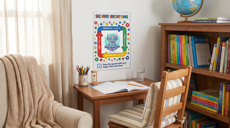 A homeschool desk with the Square Breathing poster hung at child height beside it, low enough to trace with a finger.