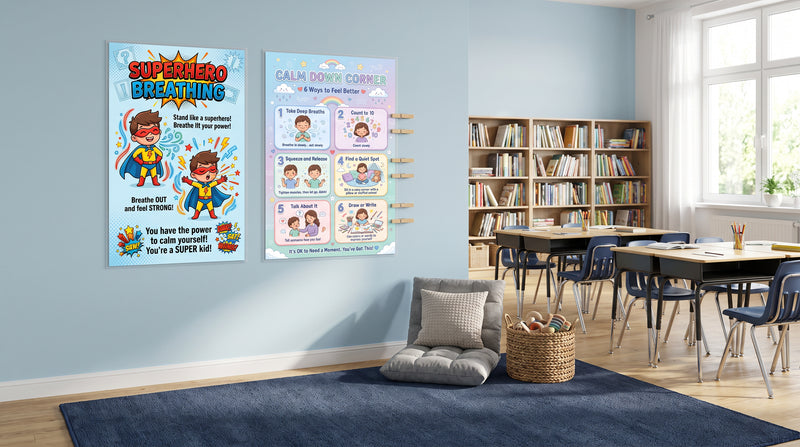 An upper elementary calm corner with the Superhero Breathing poster beside the 6 Ways to Feel Better choice board and a clear patch of rug.