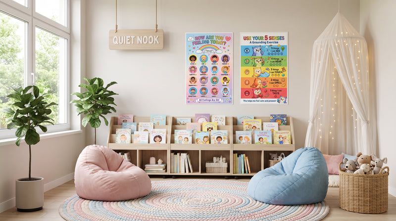 A calm reading nook in an elementary school library, with the How Are You Feeling Today and Use Your 5 Senses posters above low shelves of picture books.