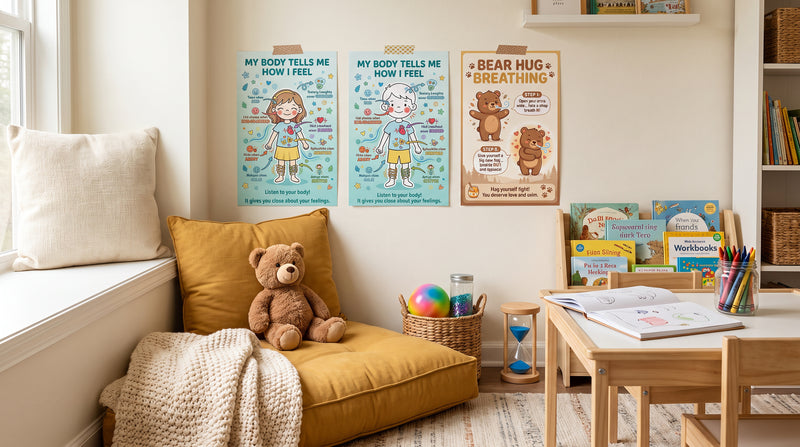 A quiet calm-down spot in a homeschool room, with the My Body Tells Me How I Feel posters and the Bear Hug Breathing poster above a floor cushion.