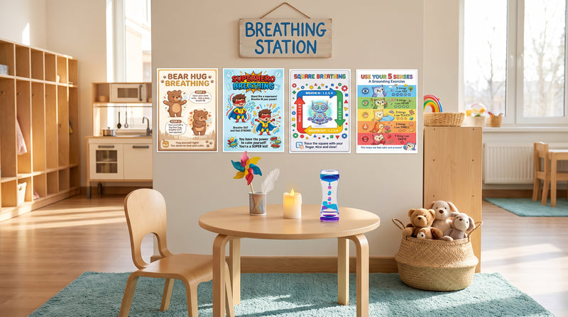 A breathing station in a pre-K classroom, with four breathing and grounding posters hung low at seated child eye height above a small table.