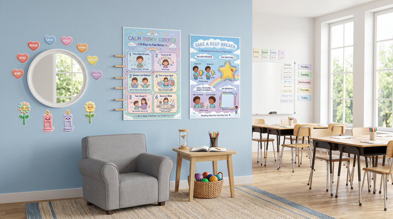 An upper elementary calming corner, with the 6 Ways to Feel Better poster used as a choice board and pastel affirmation hearts around a small mirror.