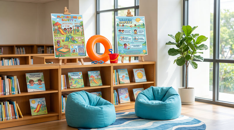 A school library display with the Playground Safety and Water Safety charts on easels above low shelves of picture books.