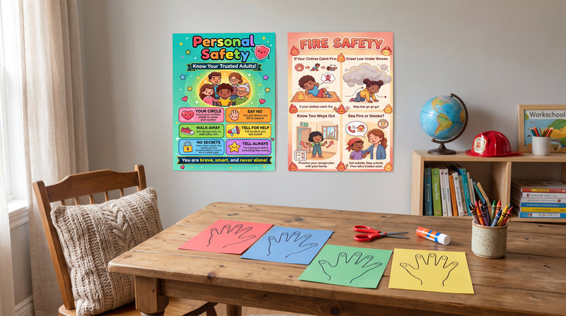 A homeschool wall with the Personal Safety and Fire Safety charts above a table of paper hand tracings for a trusted adults activity.
