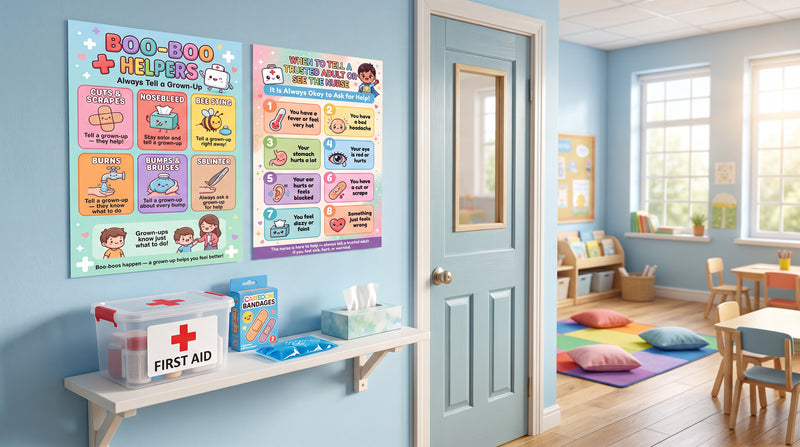A classroom wall by the door with the Boo-Boo Helpers and nurse charts above a small first aid bin.