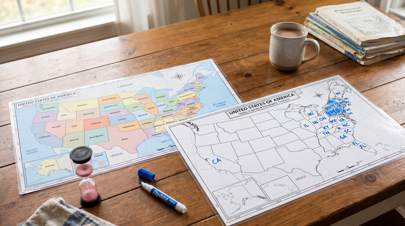A homeschool table with a blank US map half labeled in marker beside the labeled United States map and a sand timer.