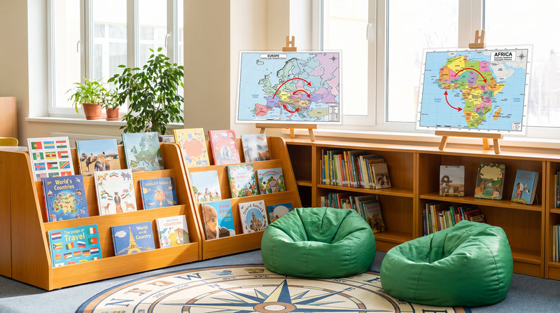 A school library geography nook with Europe and Africa dry erase maps on easels, arrows drawn in marker between countries.