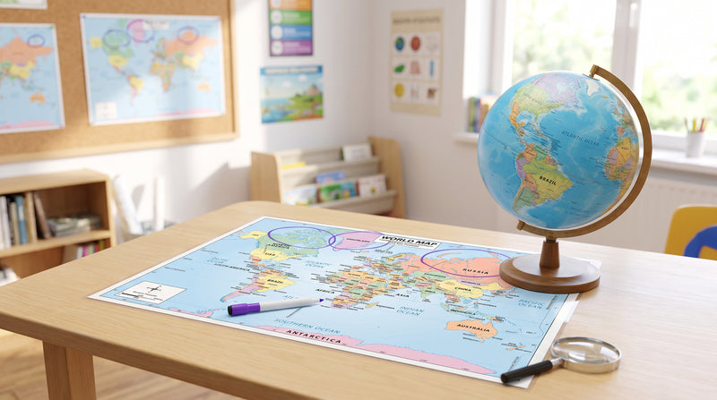 A globe beside a laminated world map with marker circles around the far northern countries, for a projection game.